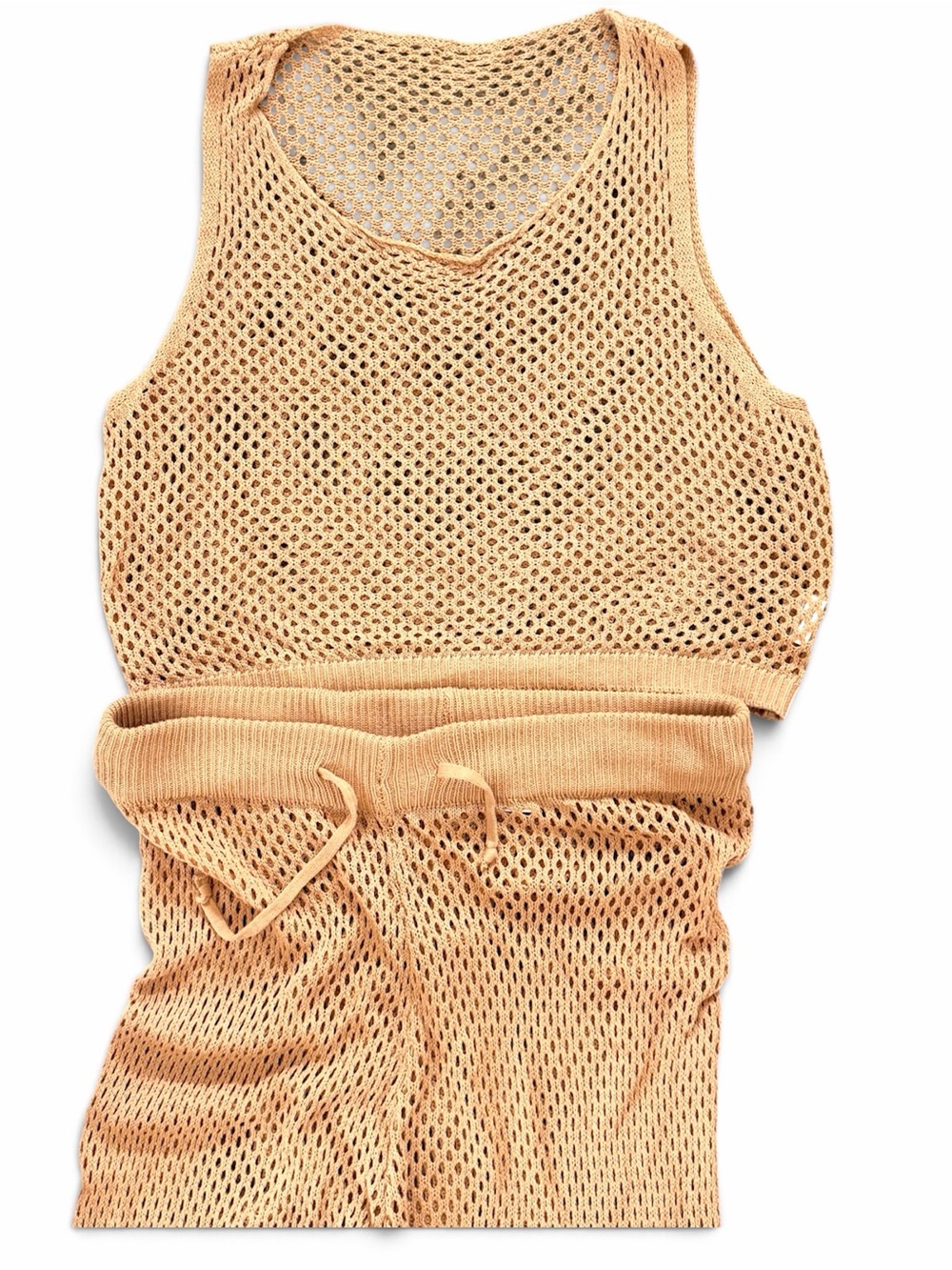Beige Mesh Knit Tank & Short Set - Women Intimates & Sleepwear